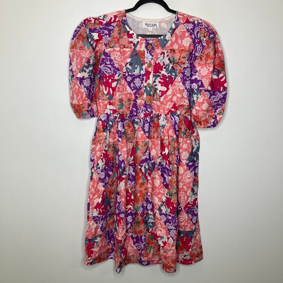 NWT BEAU & RO Quilted Mini Dress in Pink Triangles Puff Sleeve Small - Picture 2 of 6